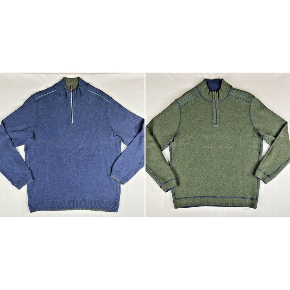 Tommy Bahama Flip Coast Reversible Sweater Half Zip Mens L Heather Blue Green